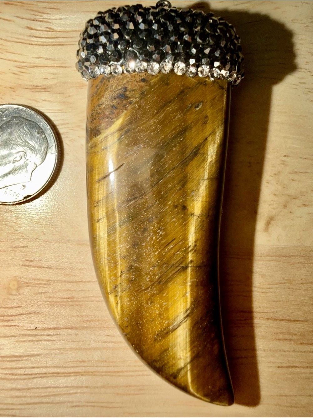 Tiger Eye Tooth With Black Tourmaline Accents Pendant. 3” Long.